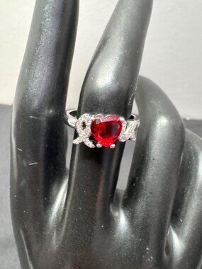 Heart-Shaped Red Gemstone Ring With Sparkling Accent Stones & 925 Sterling Silve